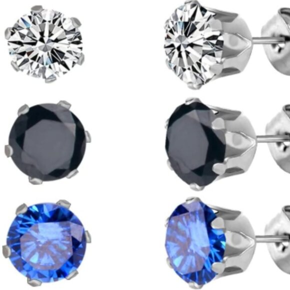 NEW SET OF 6 Multi Color Faceted Solitaire Cut Stone STAINLESS STEEL Earrings - Picture 2 of 7